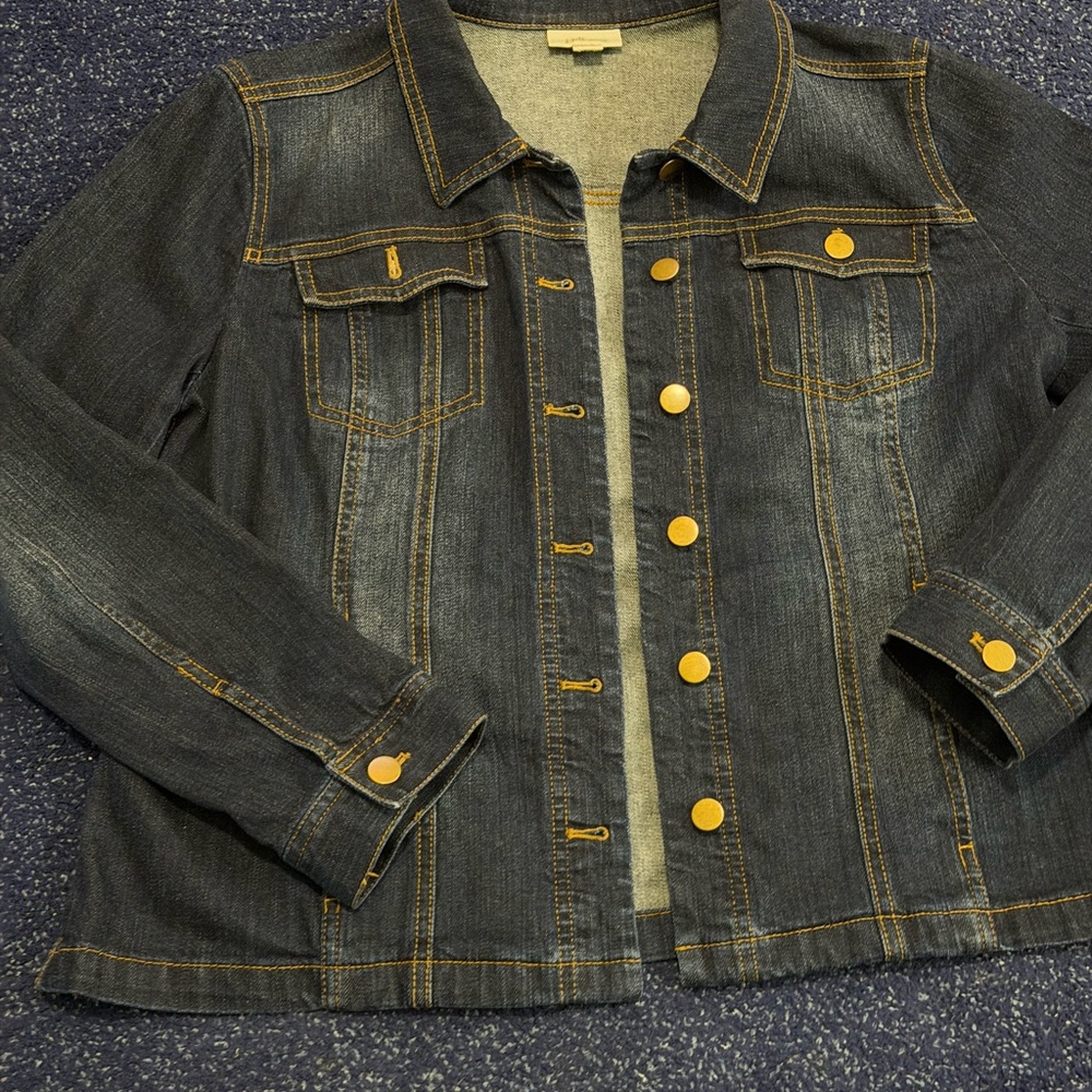 J Jill Blue Denim Trucker Jacket Women’s Small Petite Button Up Pockets Stretch - Picture 2 of 9